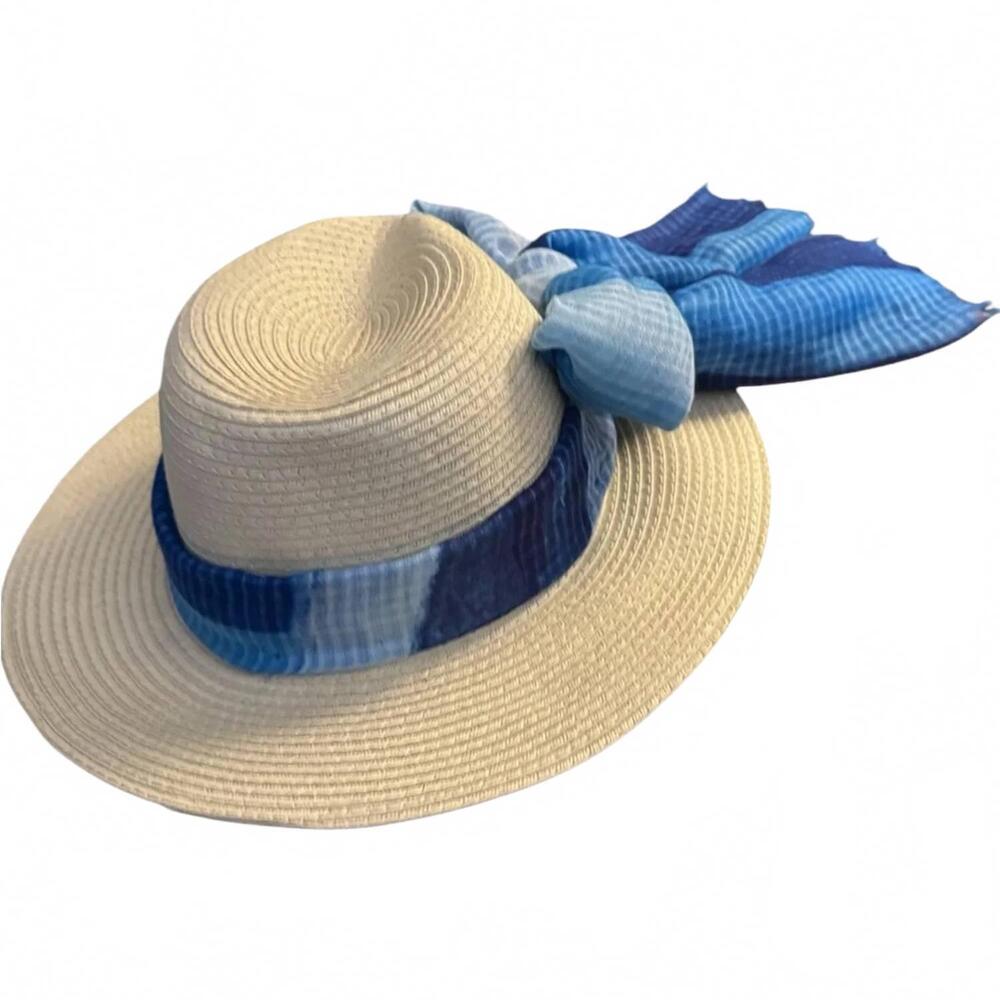 NEW STYLE & CO. women’s wide brim sun hat in natural blue bow